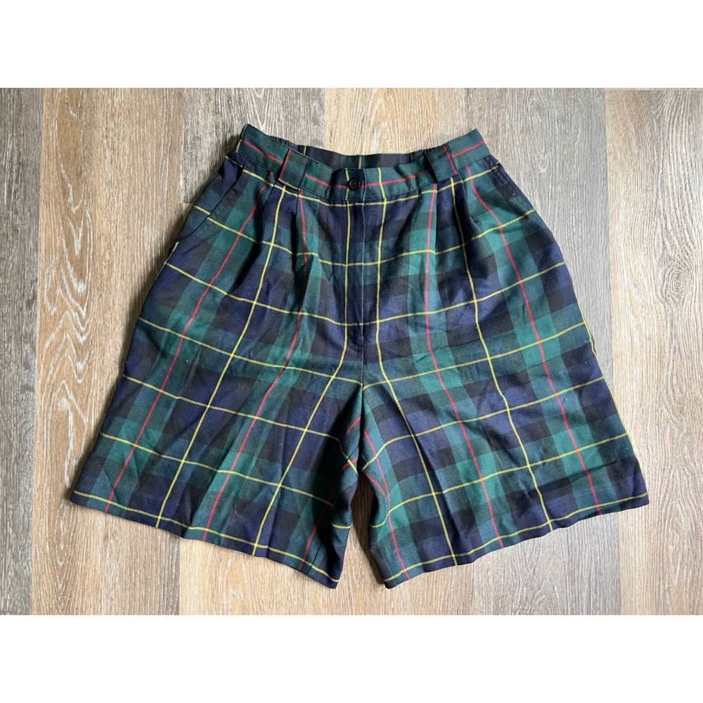 Counterparts Plaid Shorts Womens 8 Green Navy Blue High Waisted Pleated Vintage